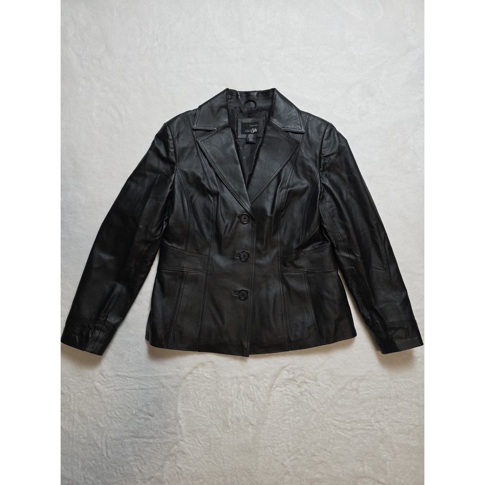East 5th Women's Jacket Black Leather Collared Pockets Lined Button‎ Up Large
